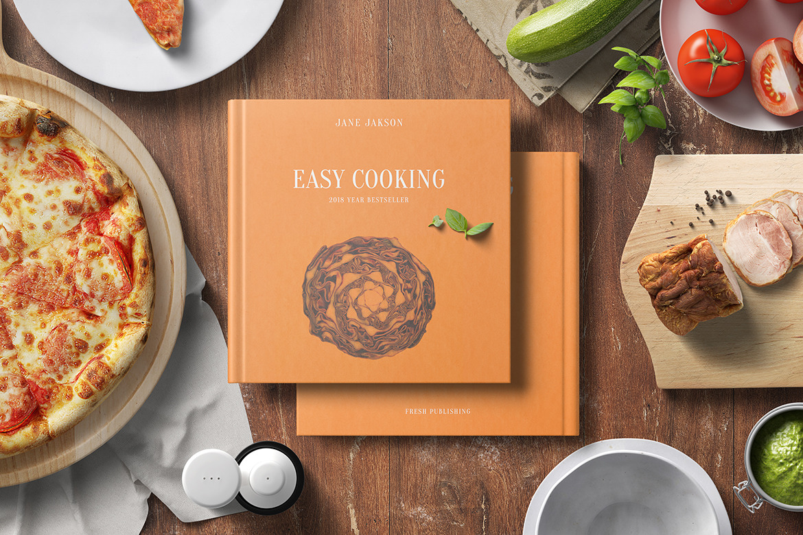 Square Cook Book Mockup - Kitchen Set Square Cook Book Mockup - Kitchen Set