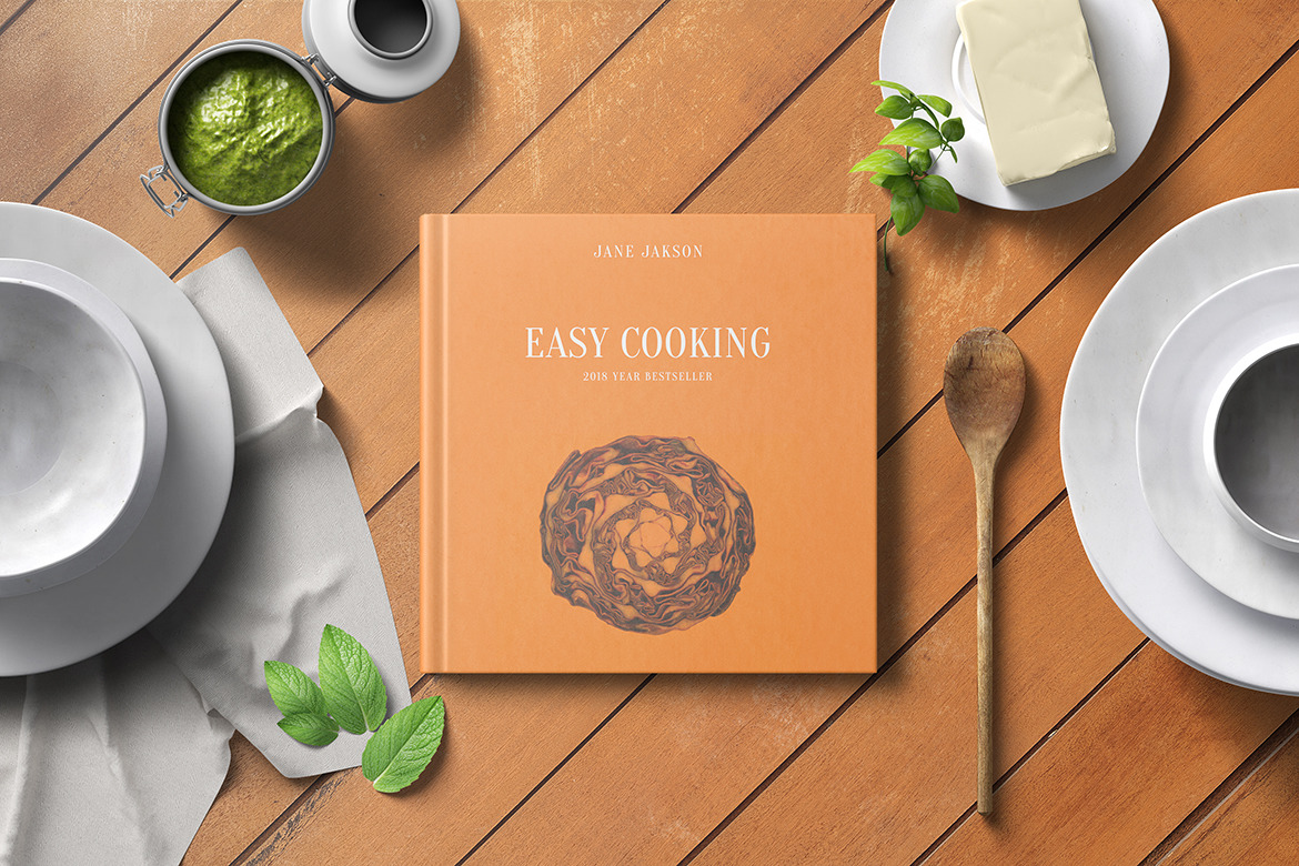 Square Cook Book Mockup - Kitchen Set Square Cook Book Mockup - Kitchen Set