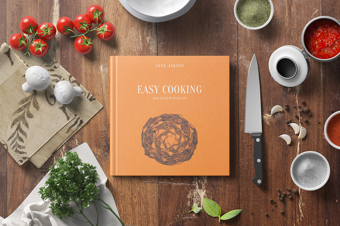 Square Cook Book Mockup - Kitchen Set Square Cook Book Mockup - Kitchen Set