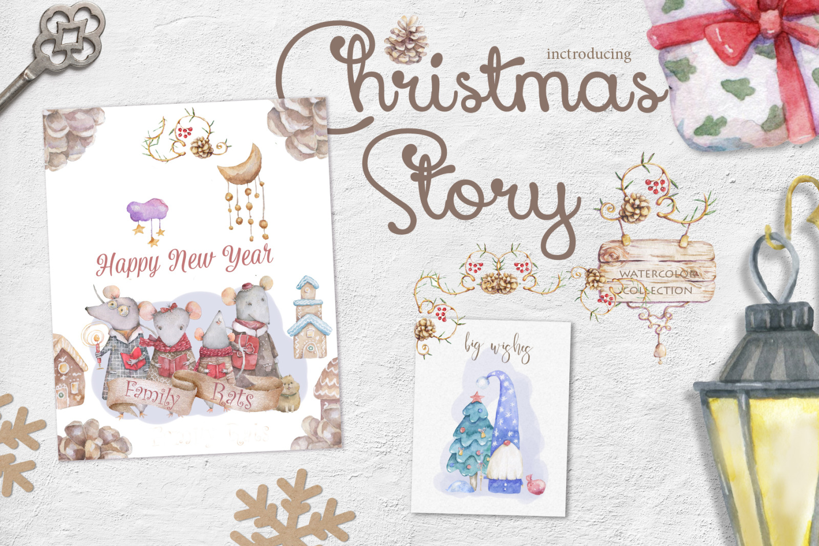 Christmas Story Watercolor cute Rats Christmas Story Watercolor cute Rats