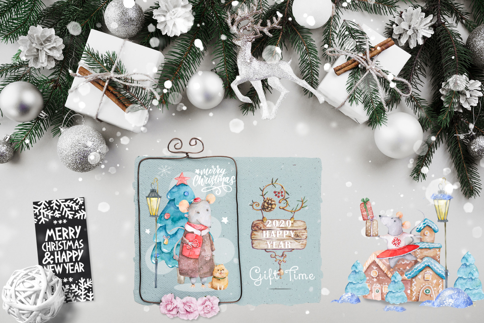 Christmas Story Watercolor cute Rats Christmas Story Watercolor cute Rats