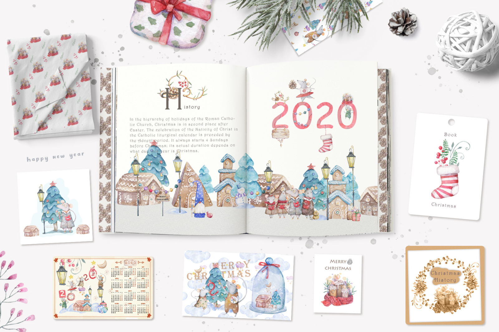 Christmas Story Watercolor cute Rats Christmas Story Watercolor cute Rats