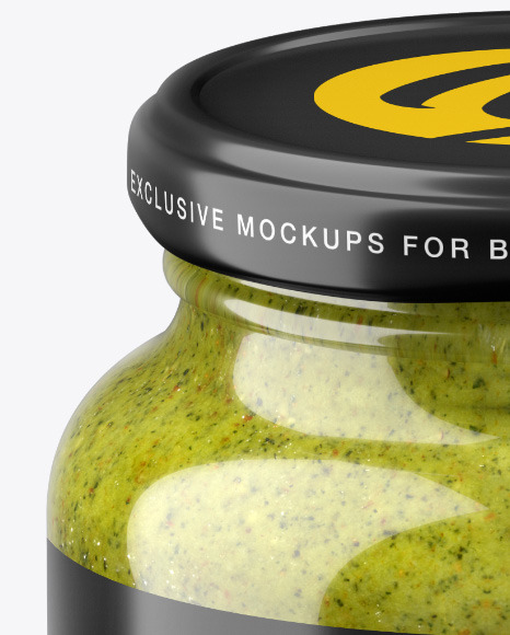 Glass Pesto Sauce Jar in Shrink Sleeve Mockup - Free Download Images