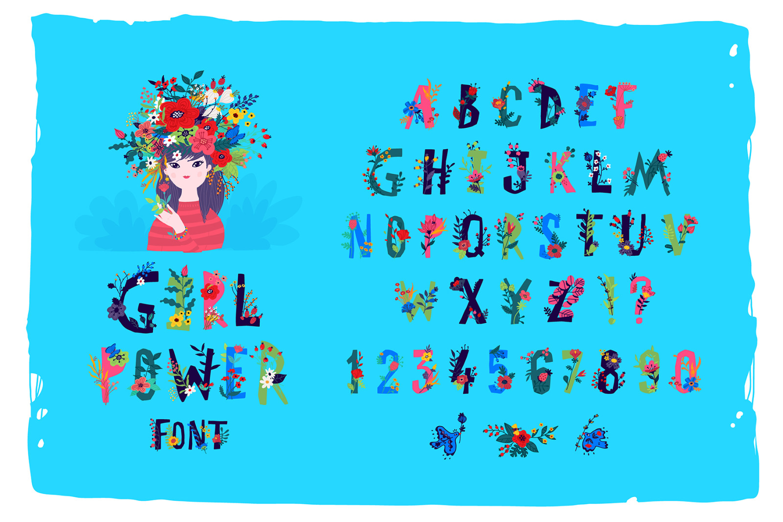 English alphabet with flowers and plants. Vector letters.