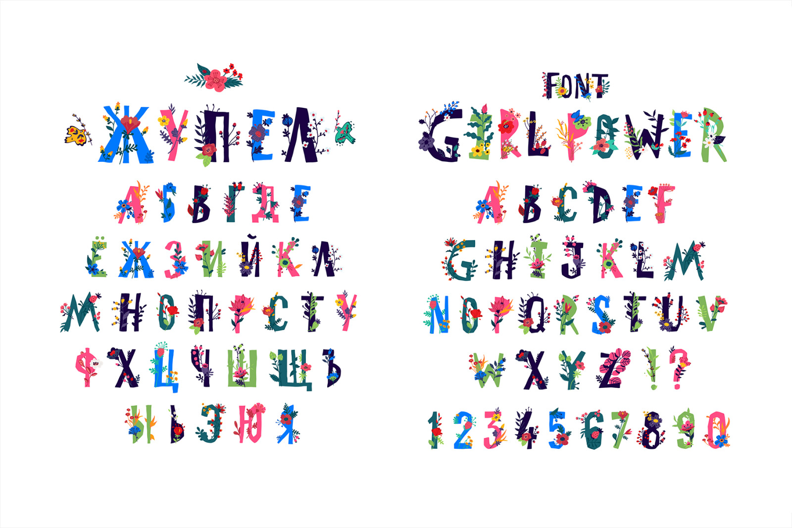 English alphabet with flowers and plants. Vector letters. English alphabet with flowers and plants. Vector letters.