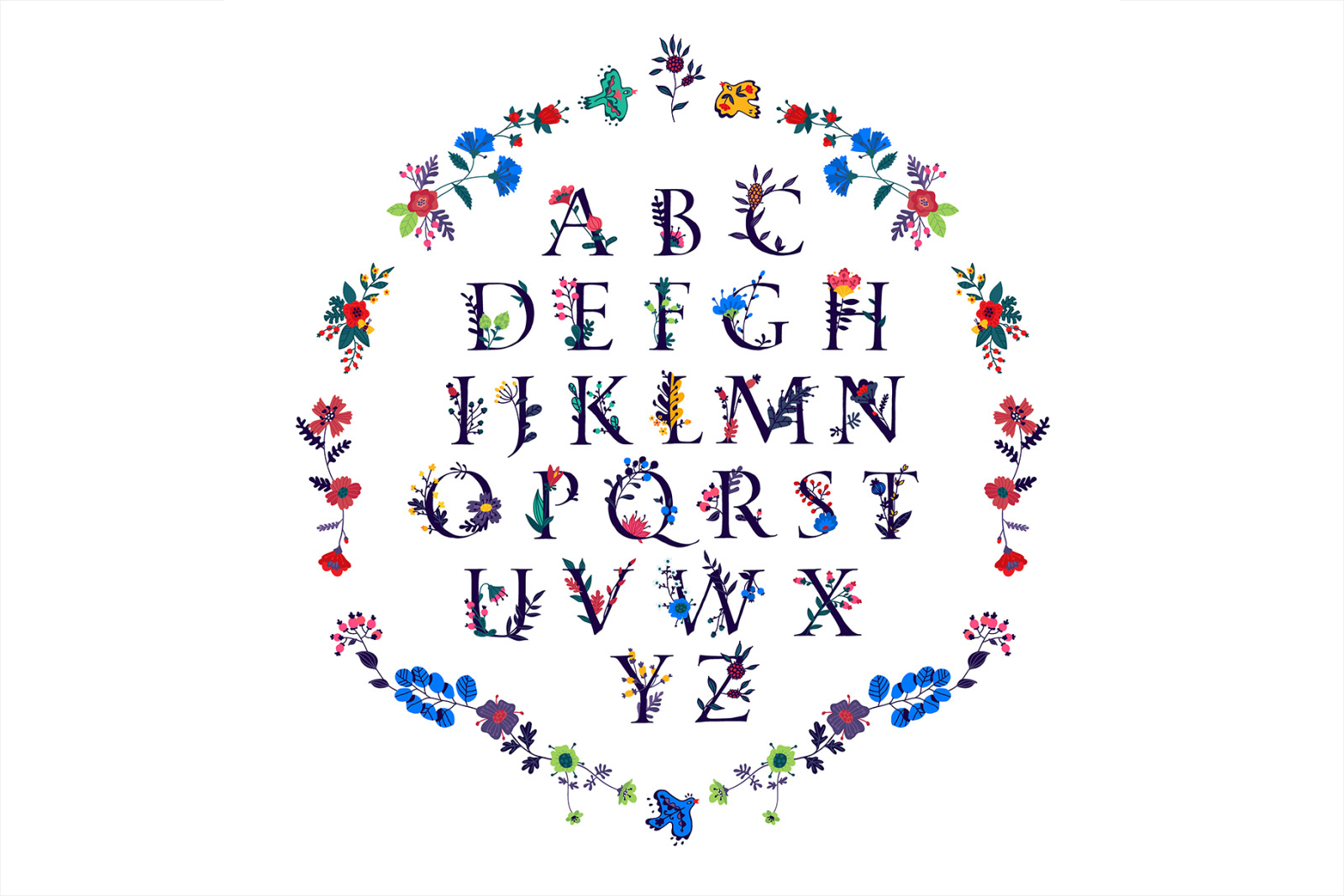 English alphabet with flowers and plants. Vector letters.