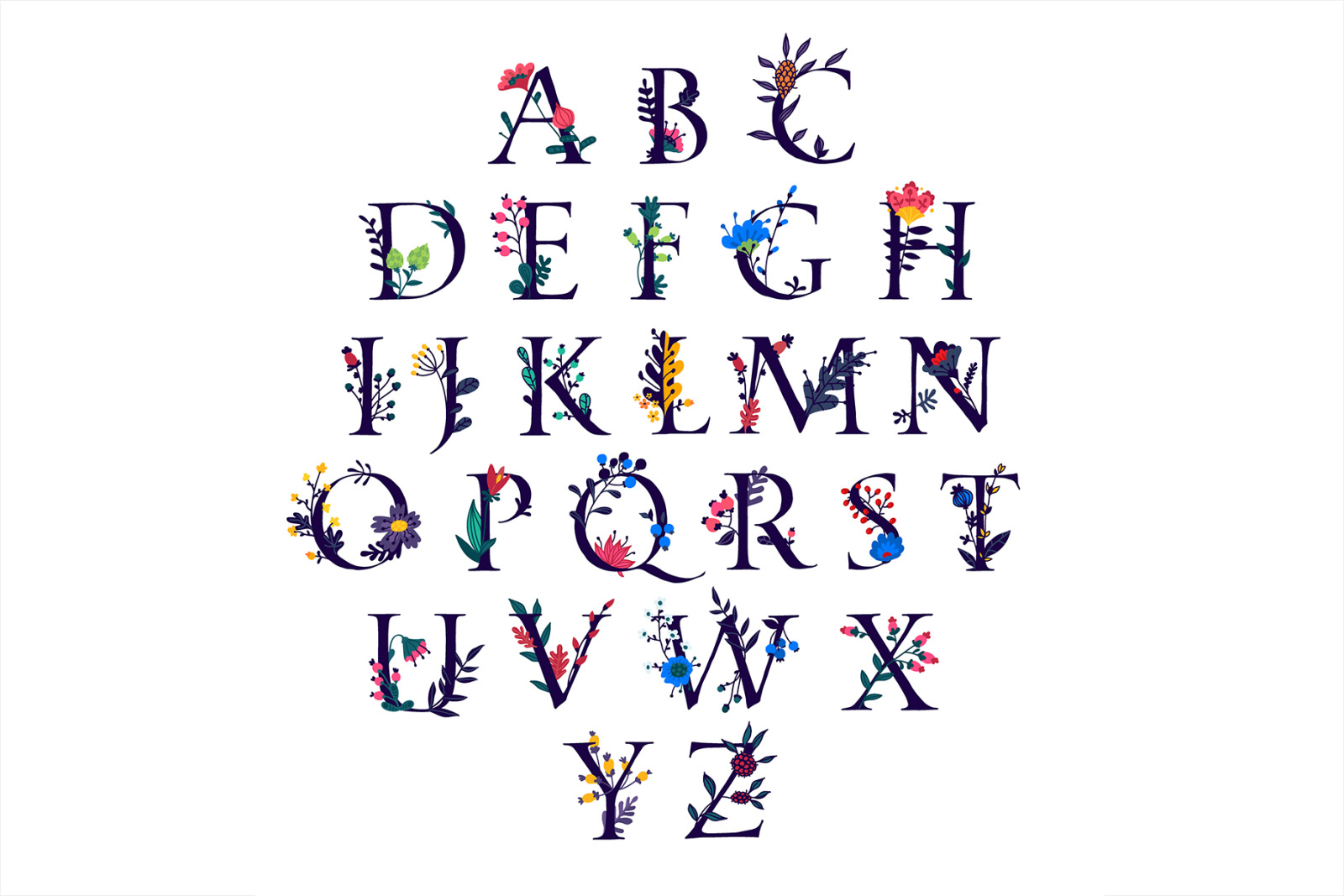 English alphabet with flowers and plants. Vector letters.