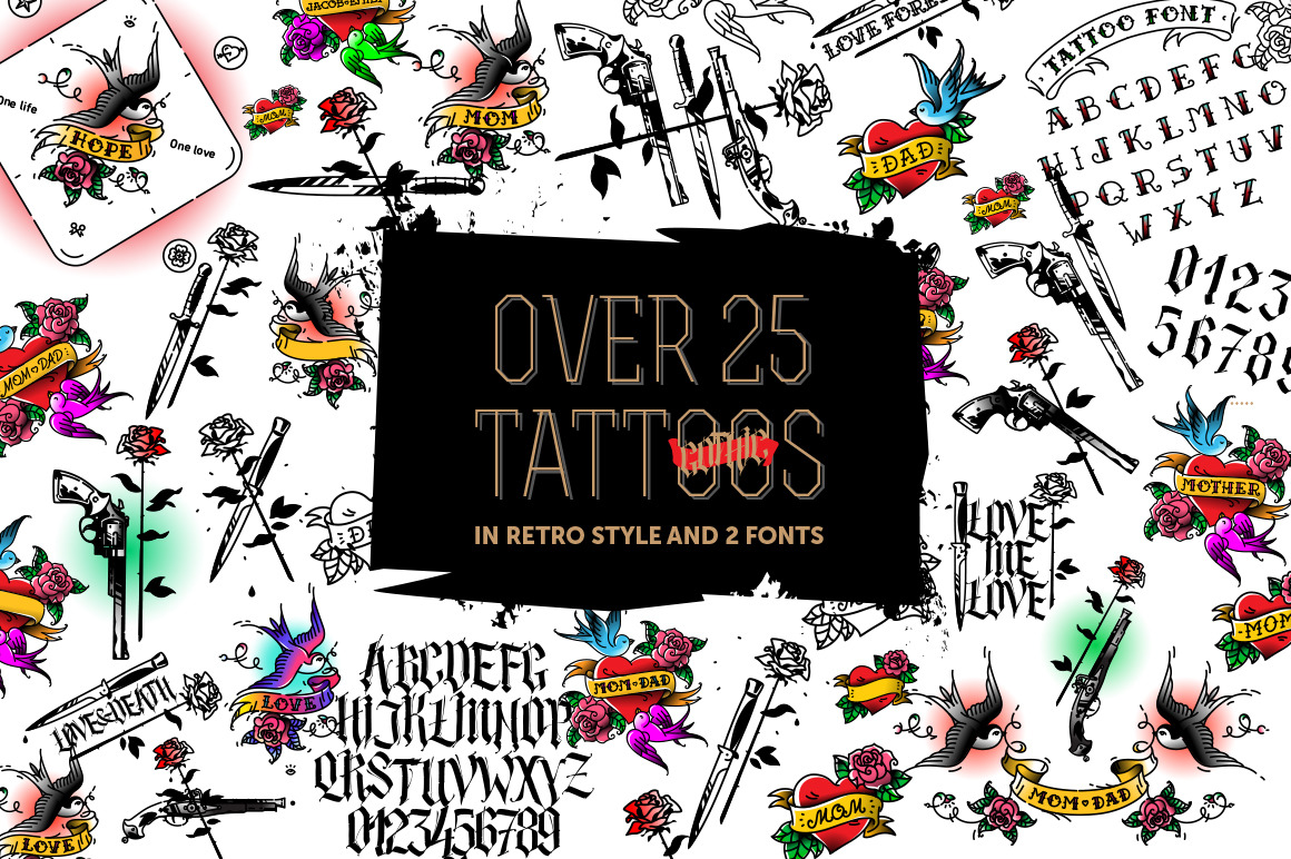 Mega set of 25 tattoos! Vector gothic letters!