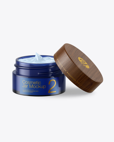 Opened Dark Blue Glass Cosmetic Jar Mockup