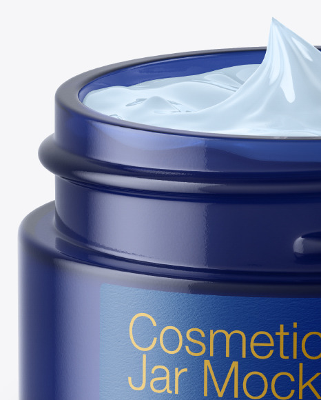 Opened Dark Blue Glass Cosmetic Jar Mockup