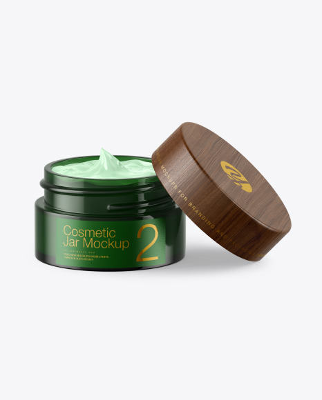 Opened Dark Green Glass Cosmetic Jar Mockup