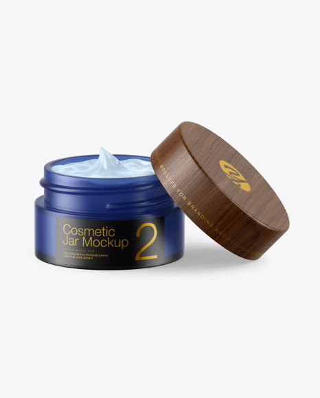 Opened Frosted Blue Glass Cosmetic Jar Mockup