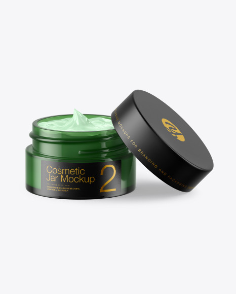 Opened Green Glass Cosmetic Jar Mockup - Glass cosmetic jar mockup