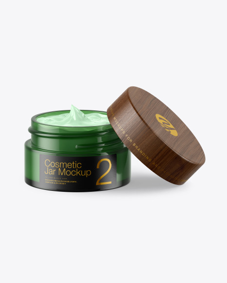 Opened Green Glass Cosmetic Jar Mockup