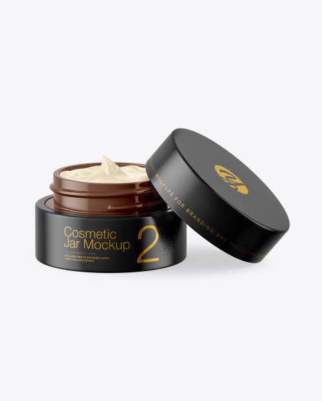 Opened Glossy Cosmetic Jar in Wooden Shell Mockup