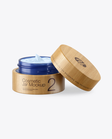 Opened Blue Glass Cosmetic Jar in Wooden Shell Mockup