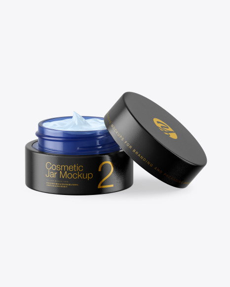 Opened Blue Glass Cosmetic Jar in Wooden Shell Mockup