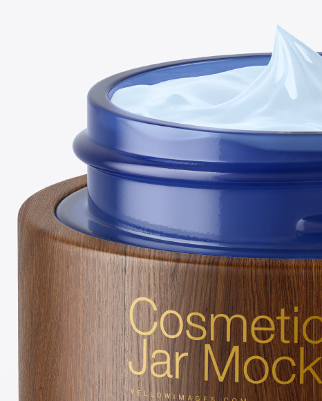 Opened Blue Glass Cosmetic Jar in Wooden Shell Mockup