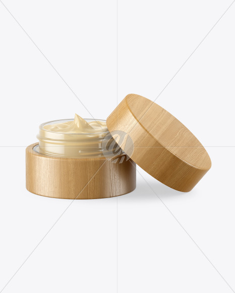 Opened Clear Glass Cosmetic Jar in Wooden Shell Mockup