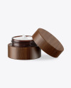 Opened Dark Amber Glass Cosmetic Jar in Wooden Shell Mockup