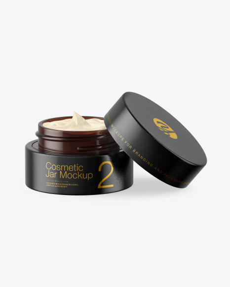 Opened Dark Amber Glass Cosmetic Jar in Wooden Shell Mockup