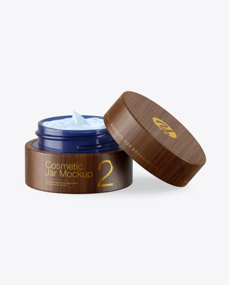 Opened Dark Blue Glass Cosmetic Jar in Wooden Shell Mockup