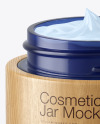 Opened Dark Blue Glass Cosmetic Jar in Wooden Shell Mockup