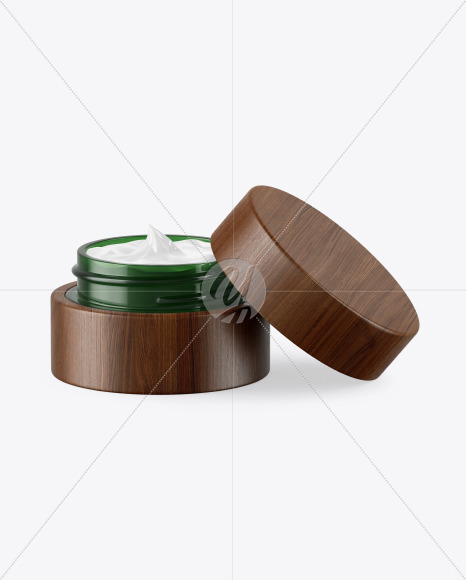 Opened Dark Green Glass Cosmetic Jar in Wooden Shell Mockup