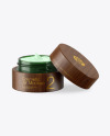 Opened Dark Green Glass Cosmetic Jar in Wooden Shell Mockup