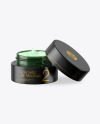 Opened Dark Green Glass Cosmetic Jar in Wooden Shell Mockup