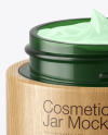 Opened Dark Green Glass Cosmetic Jar in Wooden Shell Mockup