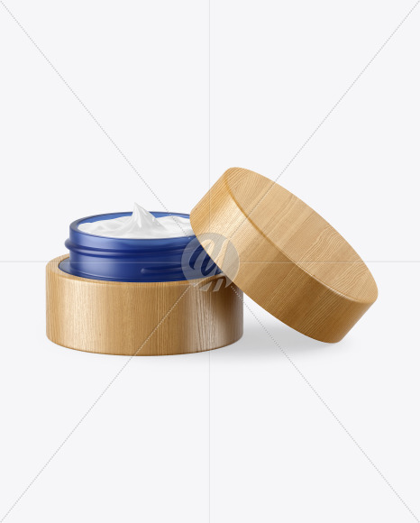 Opened Blue Frosted Glass Cosmetic Jar in Wooden Shell Mockup - Free