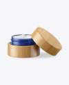 Opened Blue Frosted Glass Cosmetic Jar in Wooden Shell Mockup