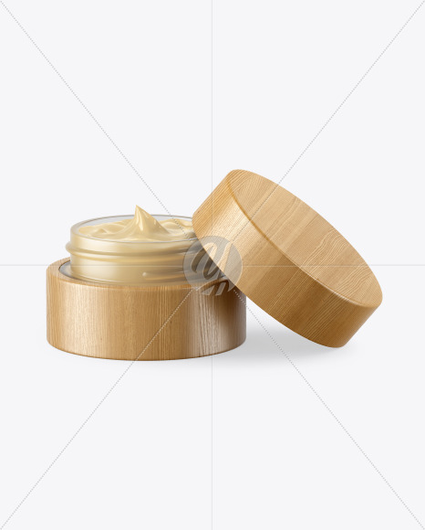 Opened Frosted Glass Cosmetic Jar in Wooden Shell Mockup