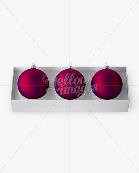 Three Matte Purple Christmas Balls in Paper Box Mockup (High-Angle Shot)