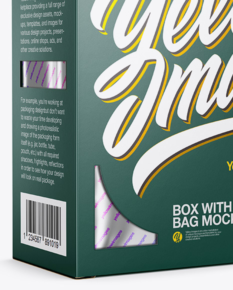 Matte Paper Box with Metallic Bag Mockup - Half Side View