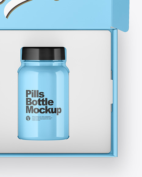 Opened Glossy Box with Pills Bottle Mockup