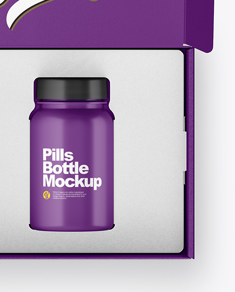 Opened Textured Box with Pills Bottle Mockup