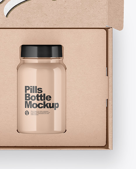 Opened Kraft Box with Pills Bottle Mockup