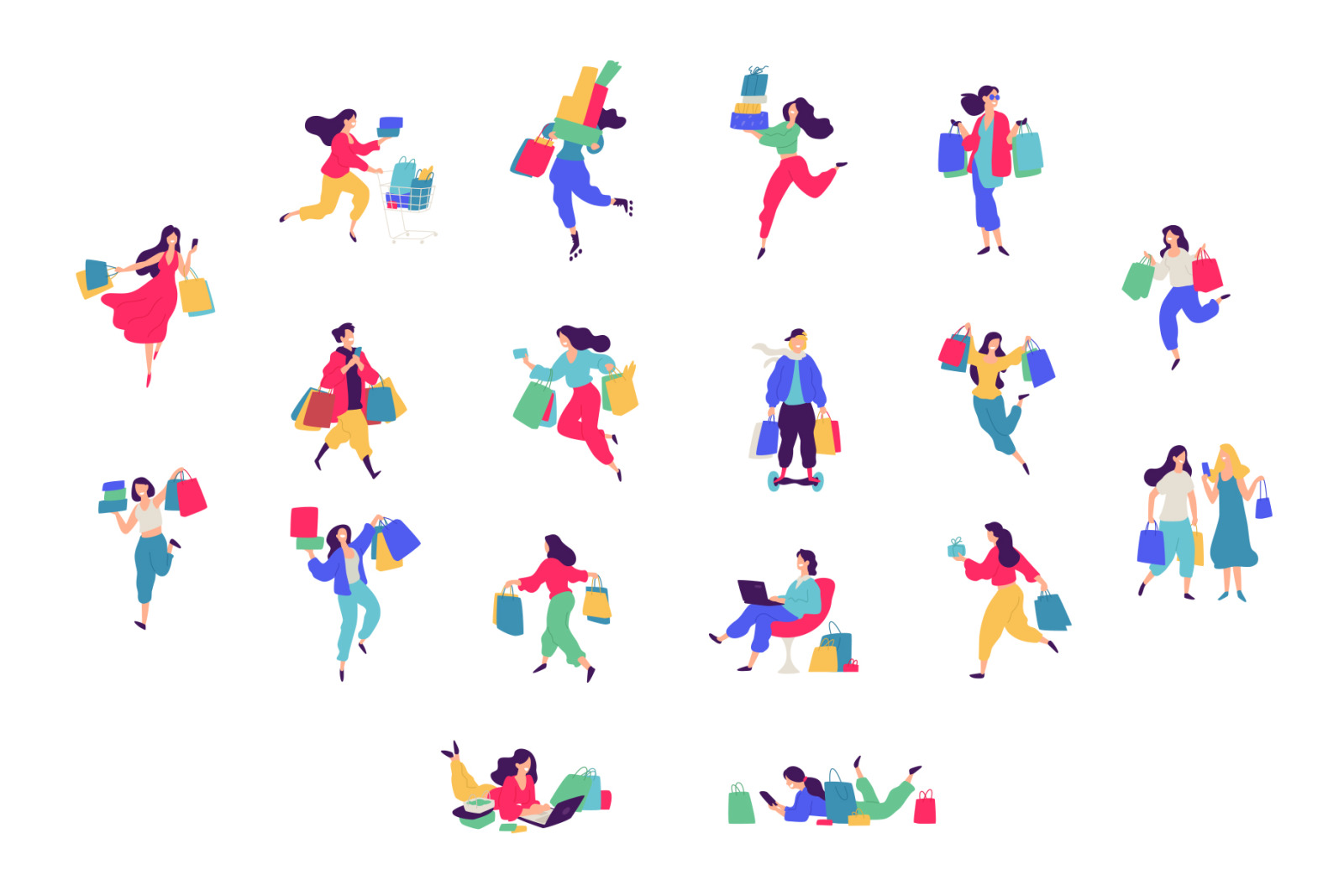 Illustrations of men and women with shopping