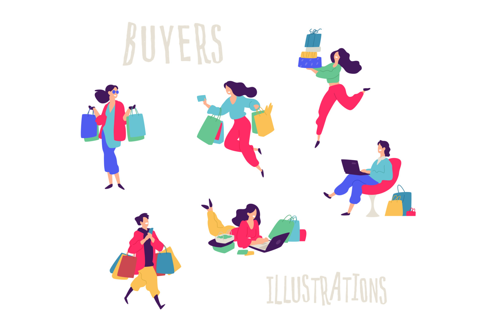 Illustrations of men and women with shopping