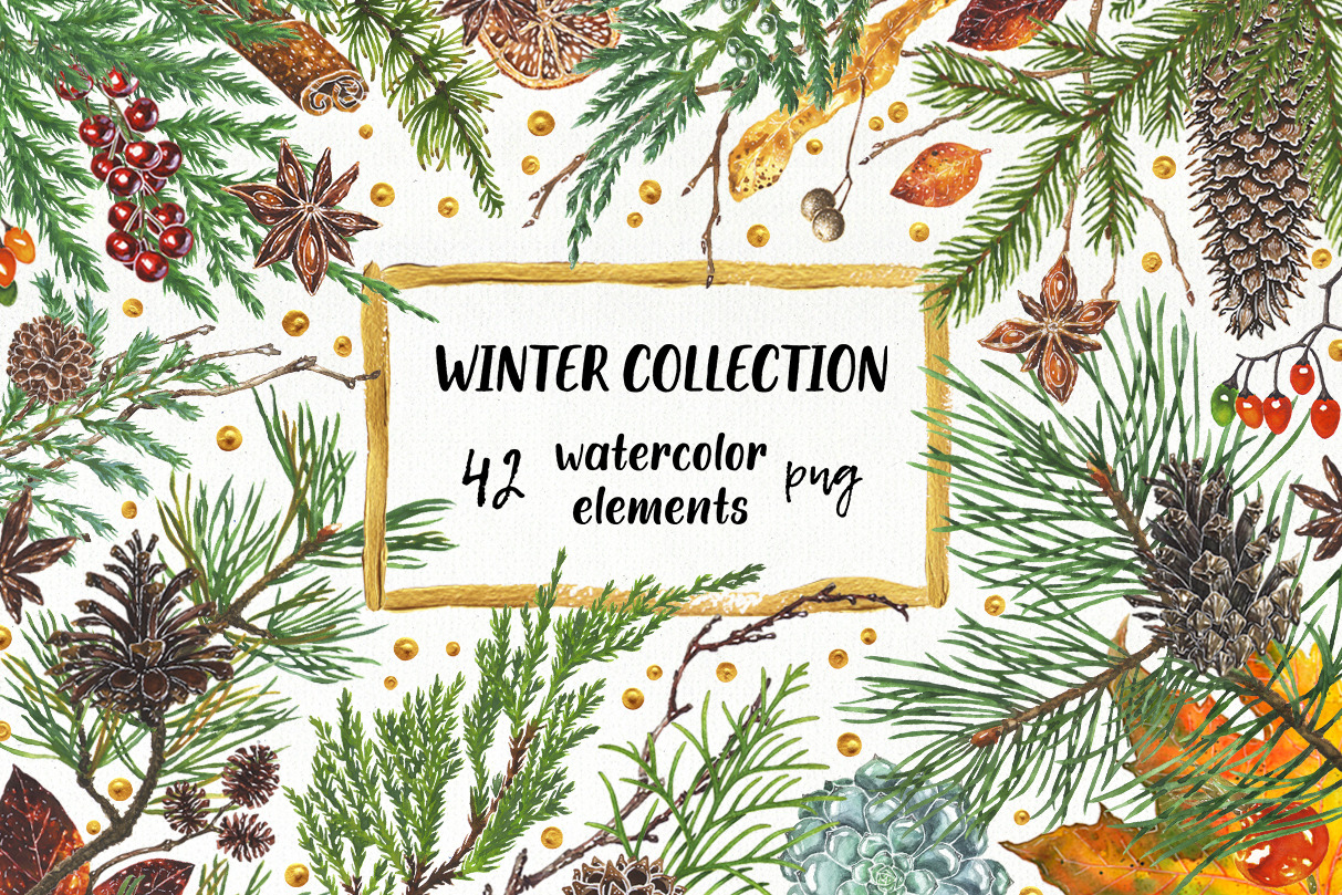 Winter Collection. Watercolor elements for greeting cards