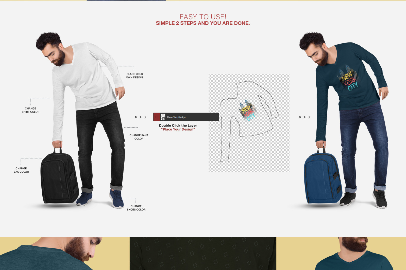 Men&#039;s V Neck Long Sleeve Shirt Mockup Set