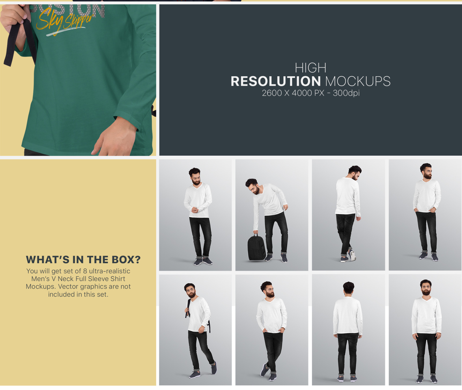 Men's V Neck Long Sleeve Shirt Mockup Set Men's V Neck Long Sleeve Shirt Mockup Set