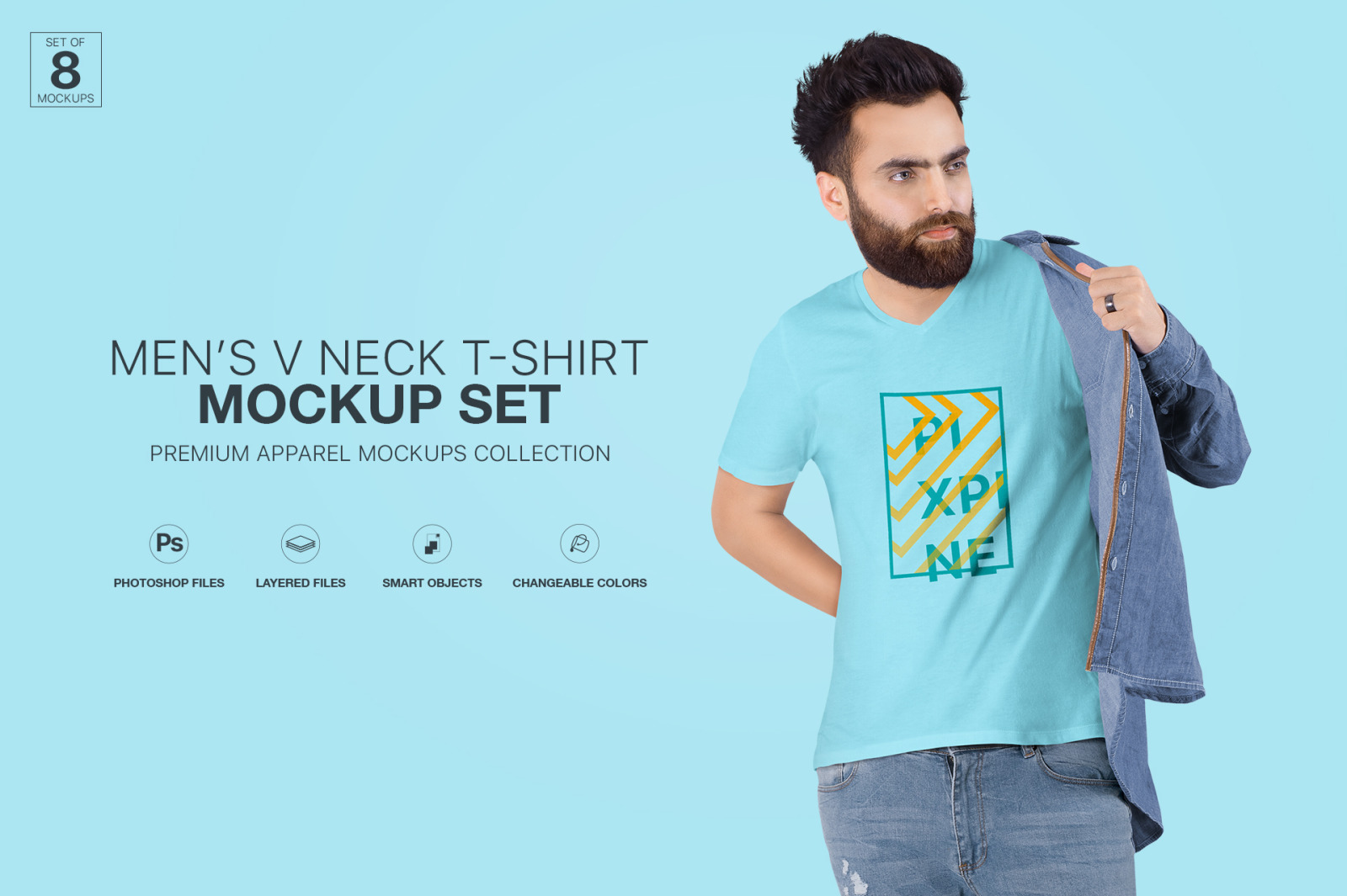 Men&#039;s V-Neck T-Shirt Mockup Set