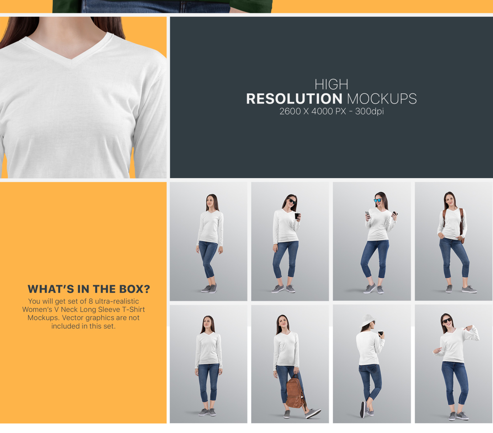 Women's V Neck Long Sleeve Shirt Mockup Set Women's V Neck Long Sleeve Shirt Mockup Set