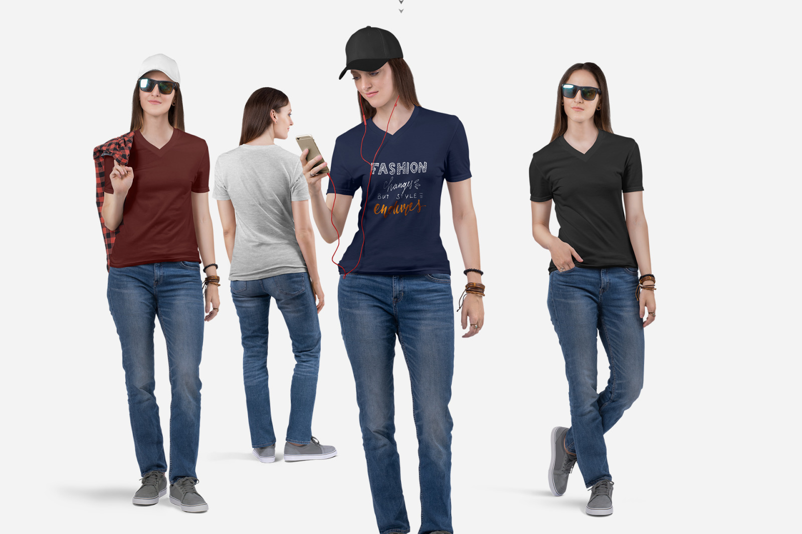 Women&#039;s V Neck T-Shirt Mockup Set