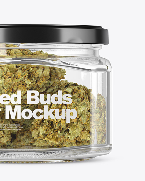 Square Glass Jar with Weed Buds Mockup