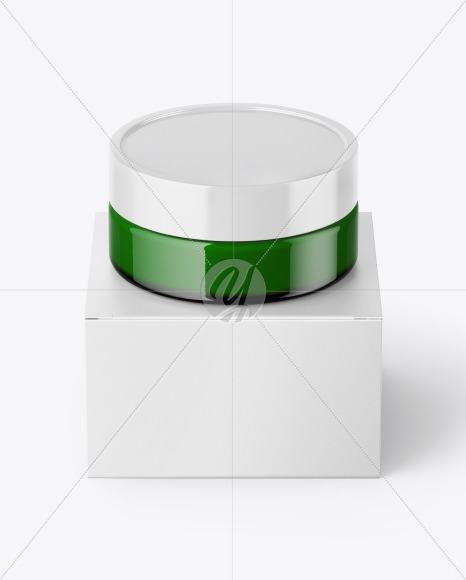 Green Glass Cosmetic Jar with Paper Box Mockup