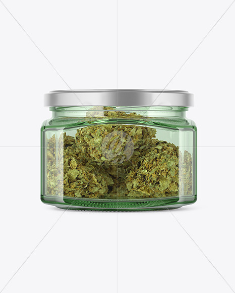 Square Green Glass Jar with Weed Buds Mockup